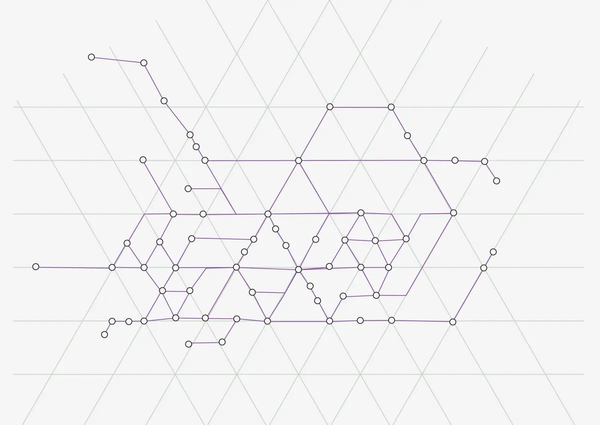 Une grille triangulaire remplit une zone rectangulaire. Des points sont placés approximativement aux intersections de la grille, mais pas tout à fait. Des lignes mauves relient les points. 