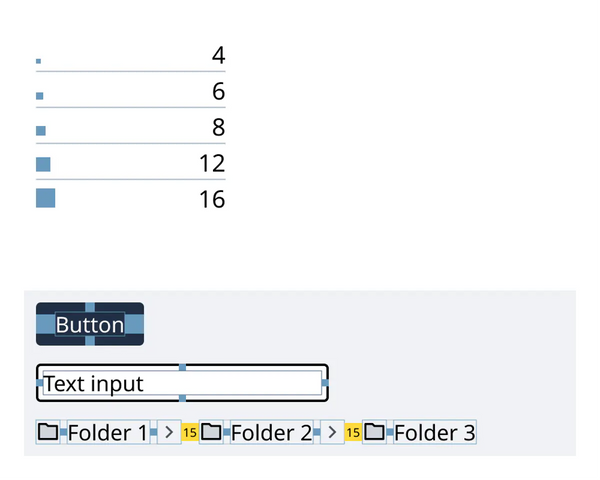 Un tableau de tokens de dimensions allant de 15, à 30, 45 et 60. Ces dimensions facilitent la création d'un rythme vertical et horizontal.