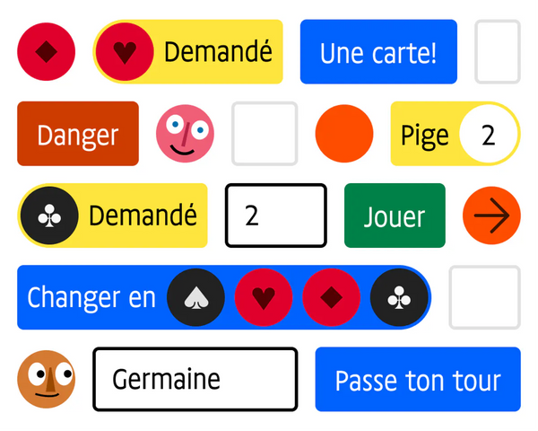 Un système de composantes de formulaires. Boutons, champs de texte et avatars sont combinés pour produire une suite de composantes interactives.