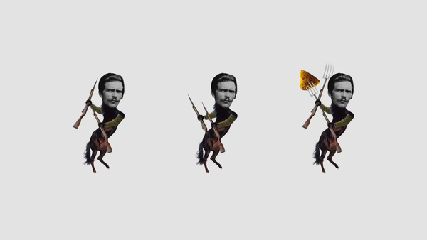 Three figures representing Makhno. His body is replaced by a large black horse holding two carabines. One of the figure has pitchfork shaped baillonettes holding a piece of bread. 