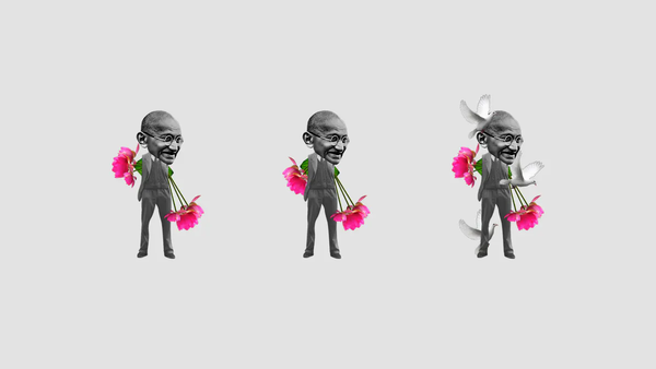 Three figures representing Gandhi. His arms have been replaced by fuschia colored flowers and white doves are grouped around one of the figures. 