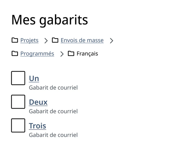 Un ensemble de composantes pour faciliter l'exploration de contenu. Un titre, un fil d'ariane et une liste sélectionnable.