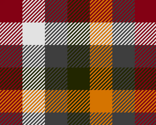 Motif tartan en carreaux. Les couleurs dominantes sont le rouge, blanc, brun et jaune.