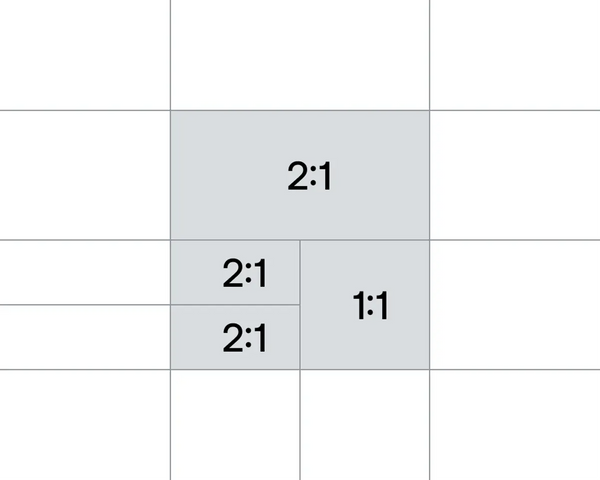 Grille de conception de logo montrant les ratios des logos. Les logos ont un ratio de 2 pour 1 ou 1 pour 1.