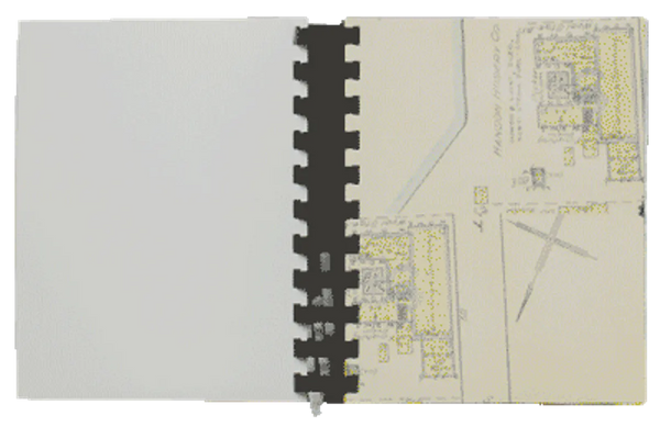 Animation of a booklet's pages in a loop. The book slowly shreds itself as you turn the pages.