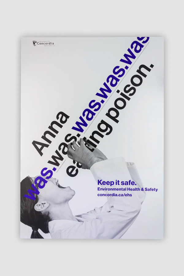 Anna is eating. Poster slogan run diagonaly as if Anna was eating the slogan.