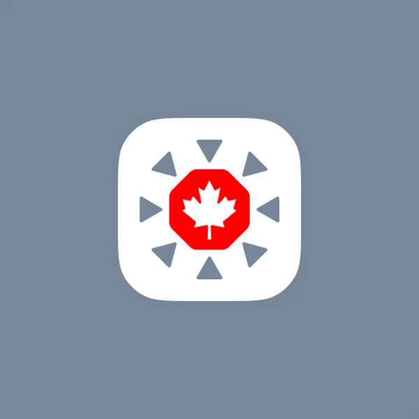 Feuille d'érable dans un octogone rouge vif, entouré de petits triangles gris dans une forme carrée arrondie.