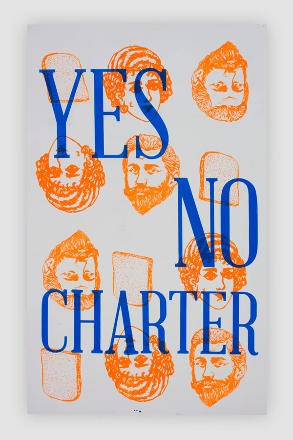 Screen printed poster. Blue words on top of a pattern of orange faces. 