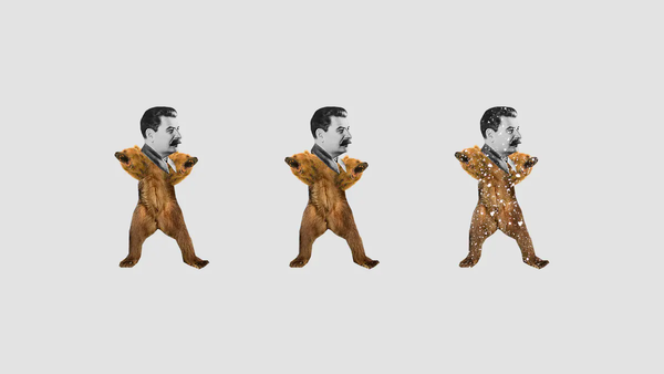Three figures representing Stalin. His body is replaced by a bear. One of the figures stands in a snow storm. 