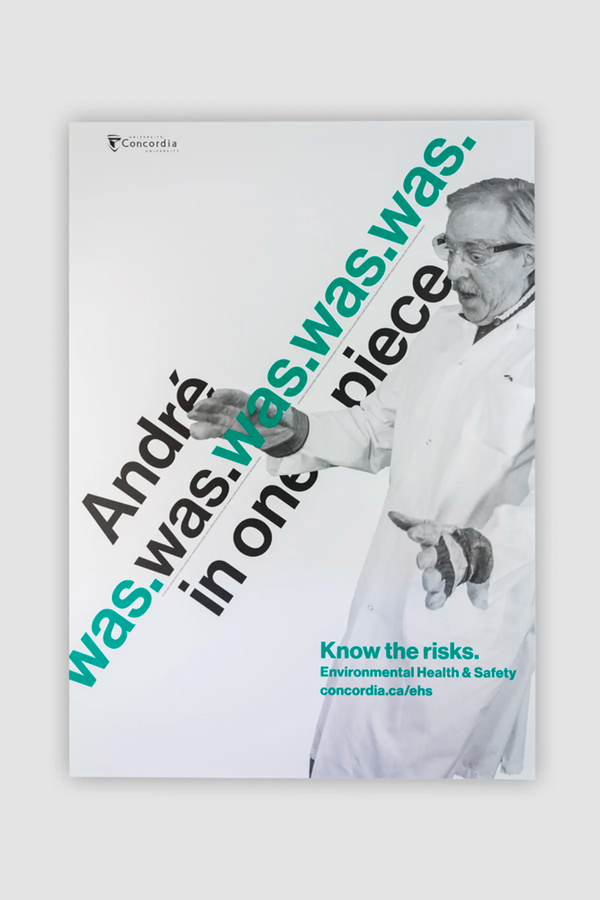 Andre seems surprised by something. The poster slogan runs diagonaly towards Andre. 