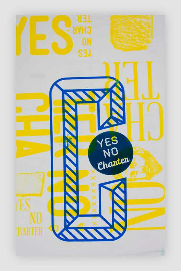 Screen printed poster. A blue letter C is printed on top of yellow words, toasts and faces printed in the background