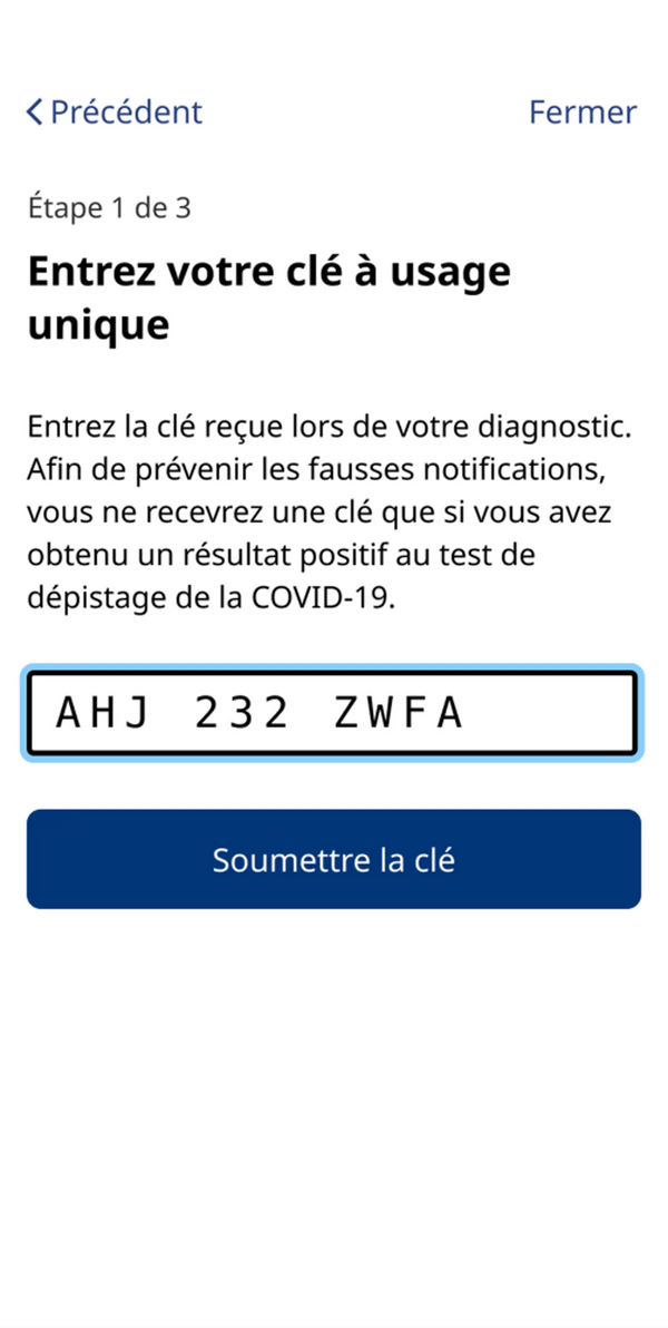 Interface d'application mobile permettant d'entrer une clé à usage unique.