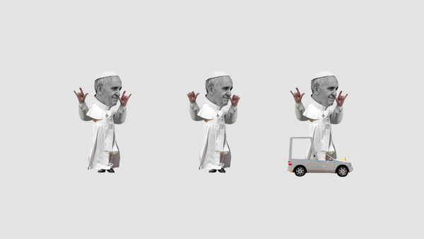 Three figures representing pope Francis. One of the figure stands in the pope mobile. 