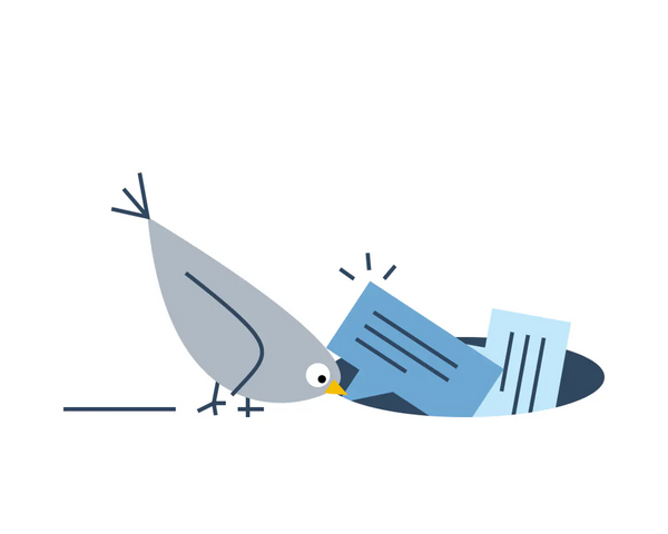 Un oiseau regarde deux bulles de messagerie disparaitre dans un trou.