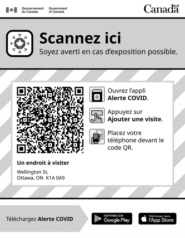 Affiche en tons de gris avec un gros code QR au centre. Le titre Scannez ici est écrit en grosses lettres. Des pictogrammes indiquent comment numériser le code avec l'application Alerte COVID.