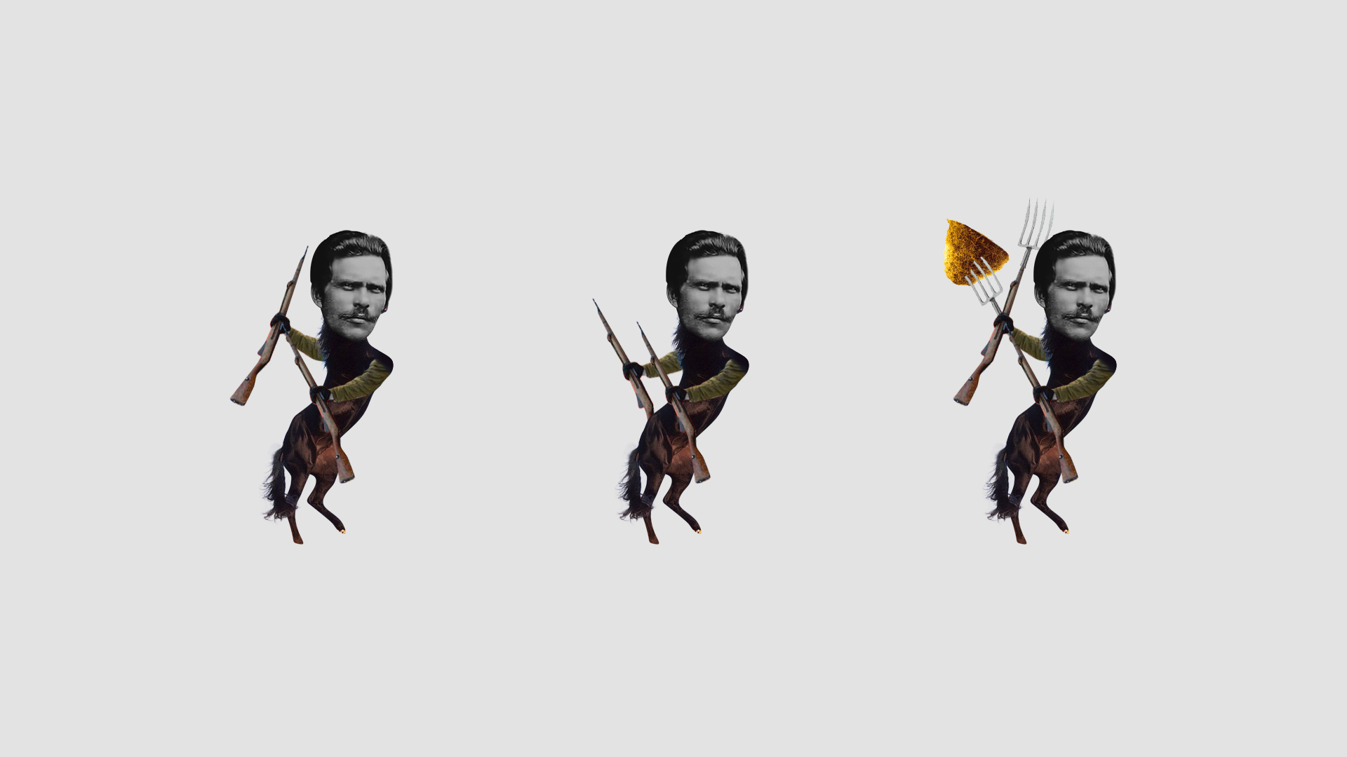 Trois figurines représentant Makhno. Son corps est remplacé par un grand cheval noir tenant deux carabines. Une des figurines possède des baillonettes en forme de fourche, sur lesquelles est piqué un morceau de pain.