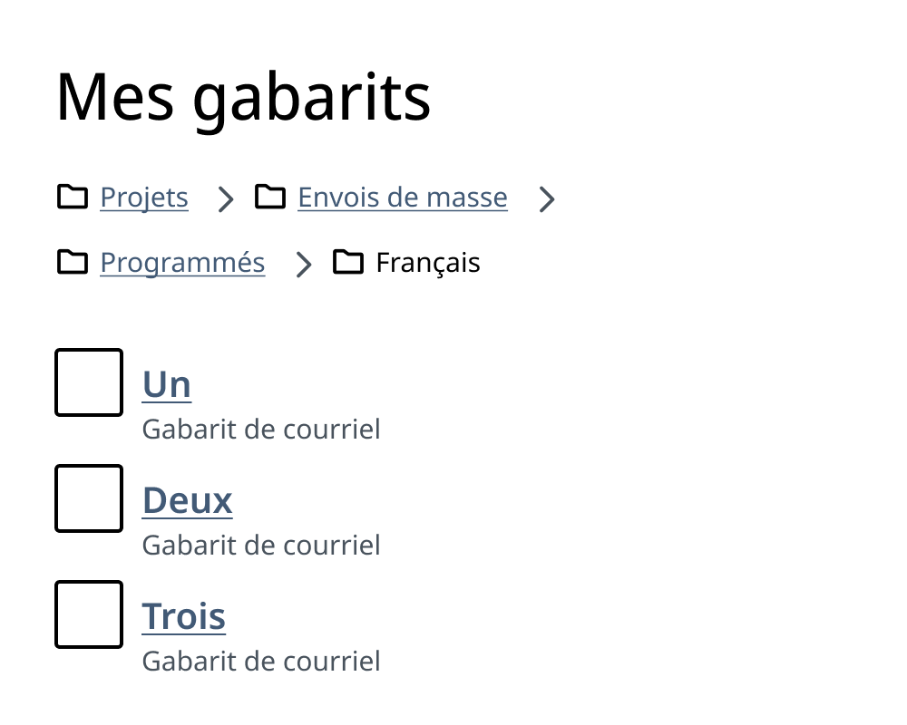 Un ensemble de composantes pour faciliter l'exploration de contenu. Un titre, un fil d'ariane et une liste sélectionnable.