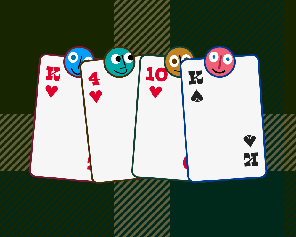 Quatre cartes à jouer face visible. Toutes les cartes sont visibles et sont associé à un joueur grâce à leur avatar.