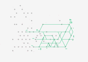 Des points sont disposés sur un fond clair. Certains points sont reliés par des traits de couleur verte, formant un réseau partiel entre certains points.