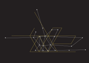 Un réseau simplifié dessiné par de traits blancs et points. Le groupe de points principal est entouré d'un trait blanc pointillé, formant un hexagone imparfait. Des tracés jaunes démontrent comment le réseau pourrait se conformer à une grille triangulaire.